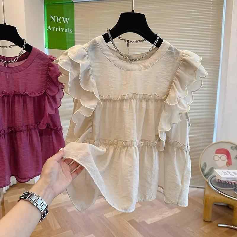 ブラウス レディース 夏 無袖 ラッフル フレアスリーブ ラウンドネック ワイドシルエット かわいい 甘め ドール風 チュール ポリエステル 接触冷感 吸湿速乾 気質 通勤 普段使い 都市スタイル ウメ紫 杏色 ブルー ブラック ホワイト