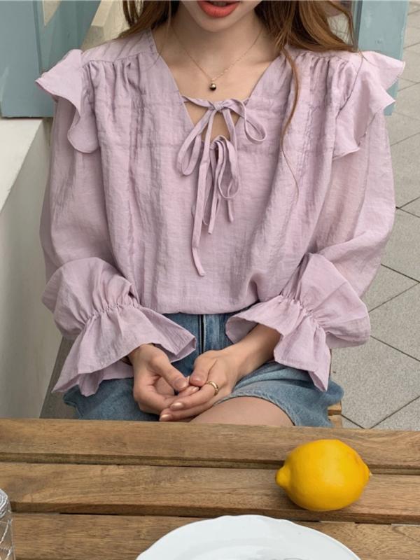 レディース 長袖 シャツ トップス Vネック フリル ドローストリング タイ プリンセススリーブ ゆったりシルエット 雪? コットン 素材 ユニセックス 気質 通勤 普段使い 優雅 スタイル 杏色 紫色 春夏 吸湿速乾 軽量