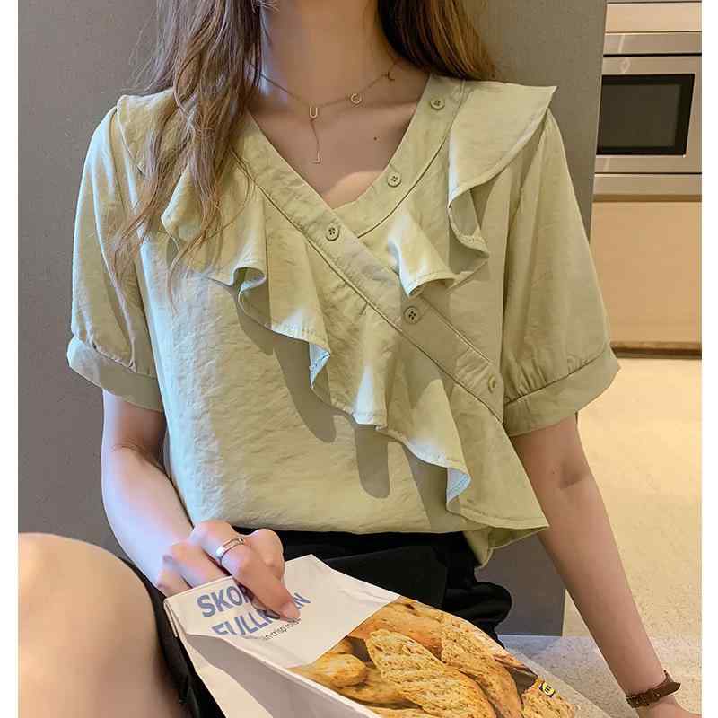 レディース トップス シャツ ブラウス Vネック 短袖 灯籠袖 シフォン レース フリル 切り替え ゆったり ルーズフィット 緑 ブルー 春夏 かわいい 清新 甘め プリンセス スタイル 軽量 透け感 通勤 普段使い デート