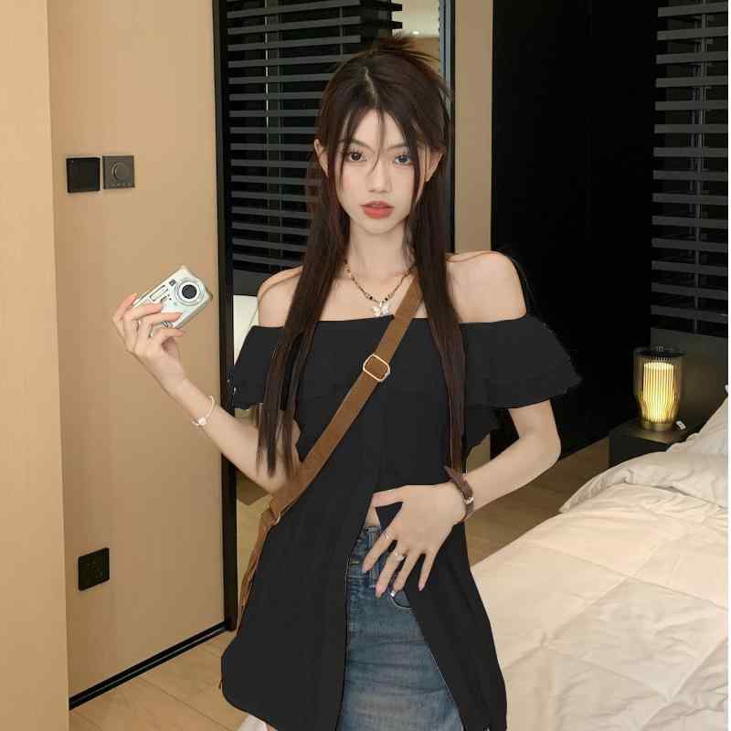 ブラウス 女性用 ワンショルダー 短袖 レース トップス ゆったり フレア袖 修身 シャツ ポリョー襟 雪紡 綿 混紡 純色 プリンセススリーブ 無袖 気質 通勤 優雅 スタイル ホワイト ブラック S M L XL 春 軽やか デザイン 別注 フィット