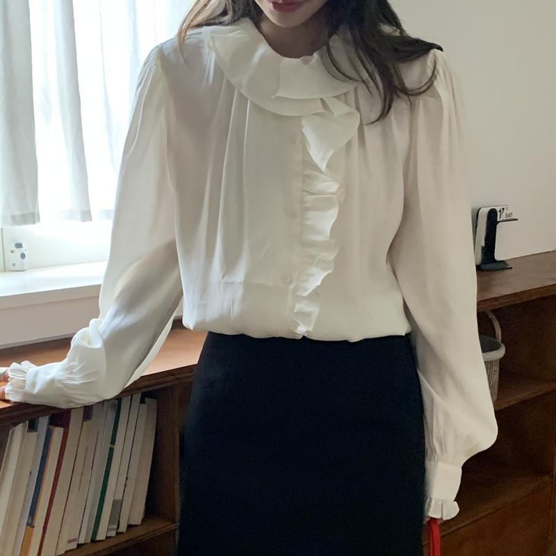 シャツ 女性用 春夏 かわいい 減年齢 Vネック 長袖 ラッパ袖 切り替え フリル ゆったり ワイド 杏色 ピンク 接触冷感 軽量 綿混 普段使い 通勤 通学 快適 吸湿速乾 ビッグシルエット