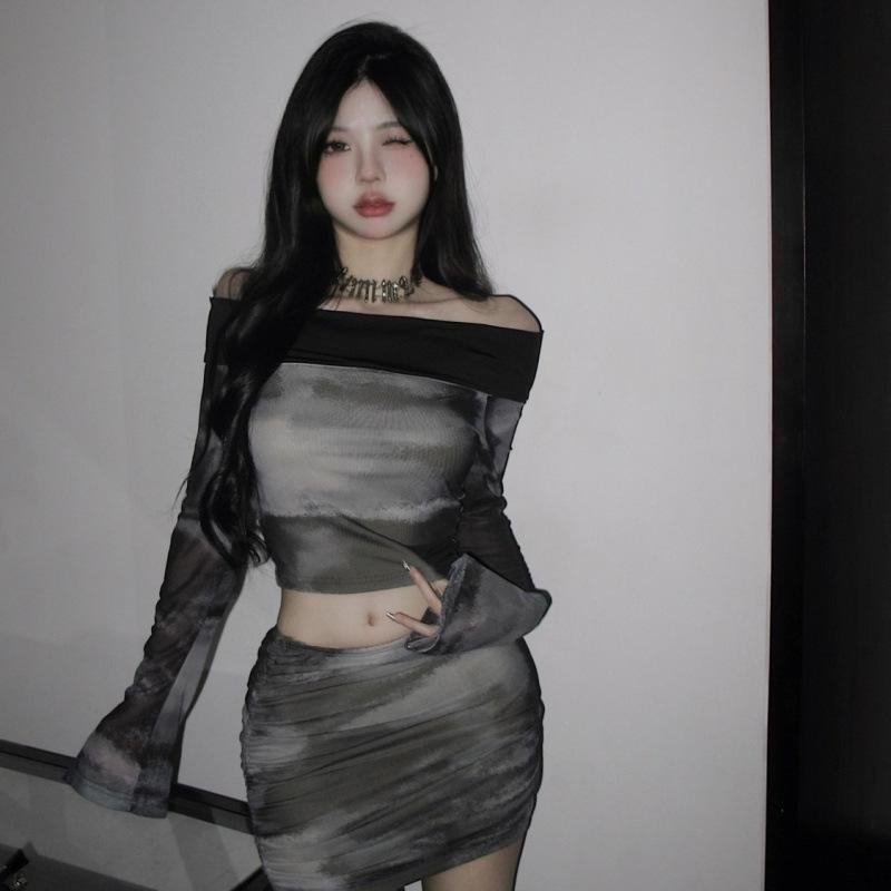 レディース トップス スカート セット 女性用 気質 通勤 都市スタイル 切り替え ワンショルダー 長袖 Tシャツ 夏 ドローストリング ハイウエスト タイト ロングスカート セット 吸湿速乾 軽量 伸縮性 カジュアル 普段使い ブラック ピンク系 アイ