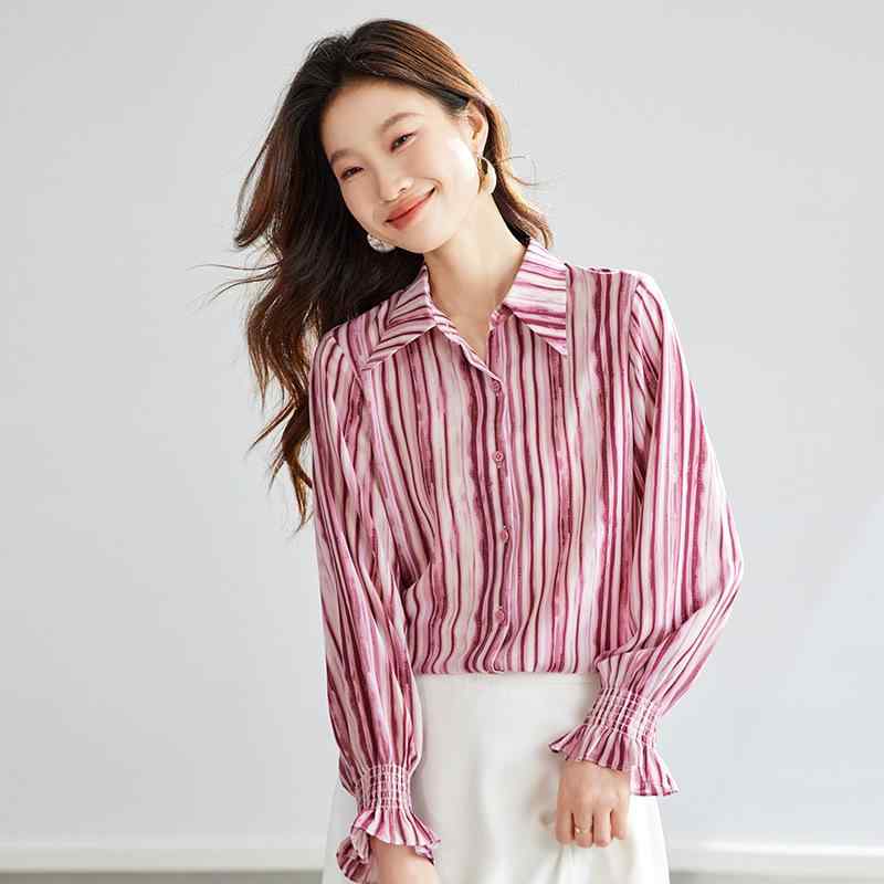 シャツ 女性用 春夏 荷葉袖 シフォン ブラウス 長袖 切り替え デザイン ゆるフィット 気質 エレガント スタイル ライトグリーン ピーチパウダー ピンク ブラウン ポリエステル スパンデックス 3D プリント コットンライク コシ 伸縮性 軽量 通勤