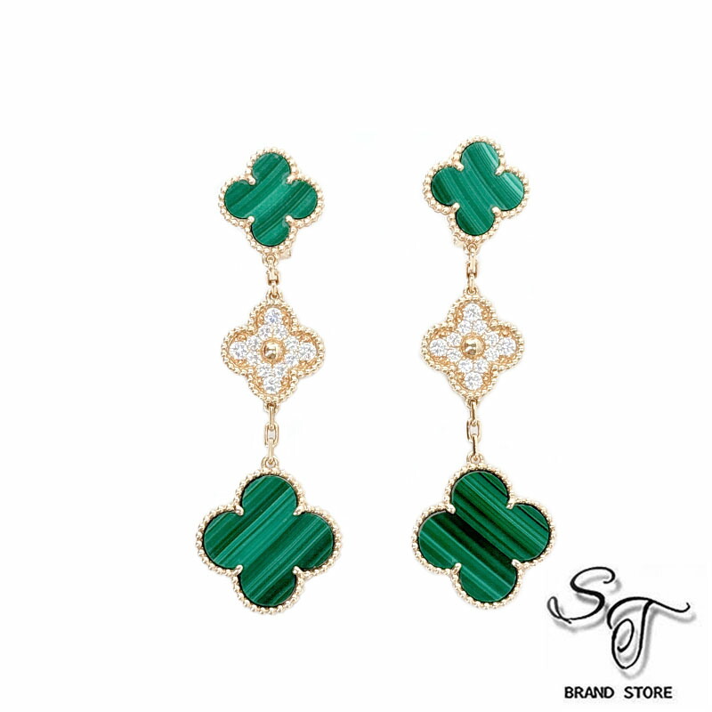 【Van Cleef & Arpels 】ヴァンクリーフ&アーペル　マジック アルハンブラ イヤリング ピアス 3モチーフ イエローゴールド ダイヤモンド マラカイト VCARO9II00【中古A】【本体のみ】