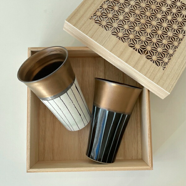 ～MINO-YAKI～ペアロングカップお祝い和風御礼プレゼントおしゃれ上品就職記念日ストライプ金