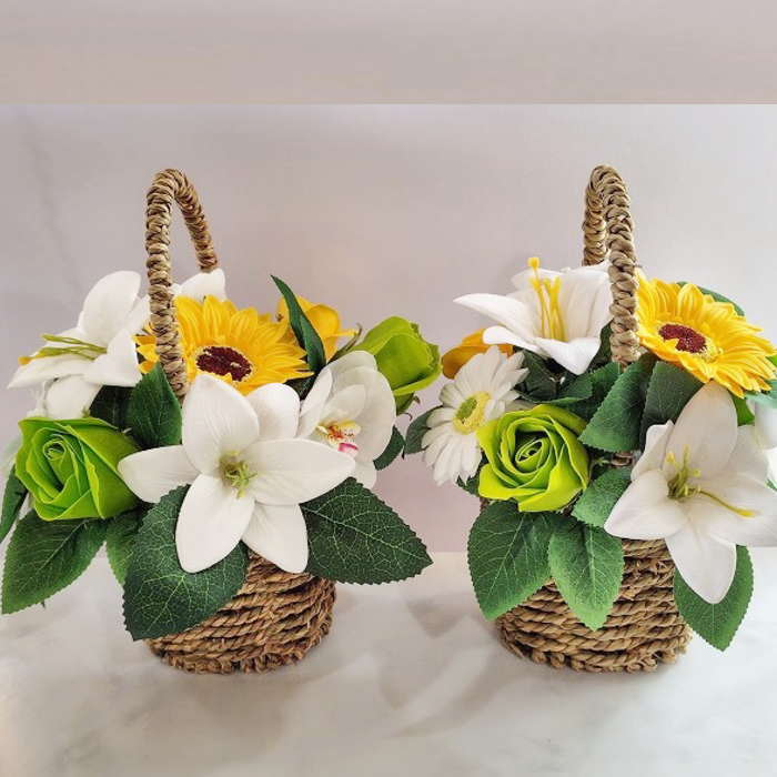 初盆花 お供え 二人組 SET お供え初盆花 小ゆり ローズ 日回り 繰り合わせる お供え花 手かご 花かご