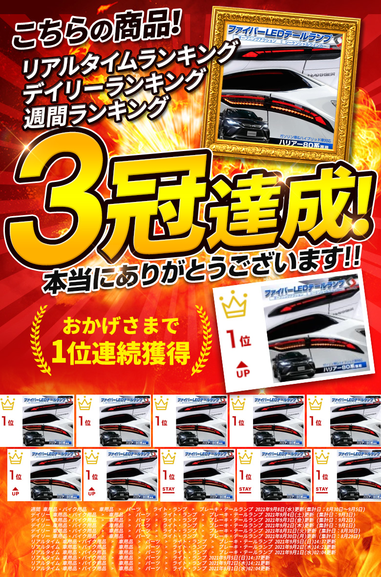 車検対策ハーネスプレゼント 1位3冠 ハリアー 点滅 ウインカー 80系 ファイバーledテールランプ レッド 専用 カスタム 1年保証 シーケンシャル 外装 ハイブリッド車 ガソリン車 オープニングアクション機能 スモーク