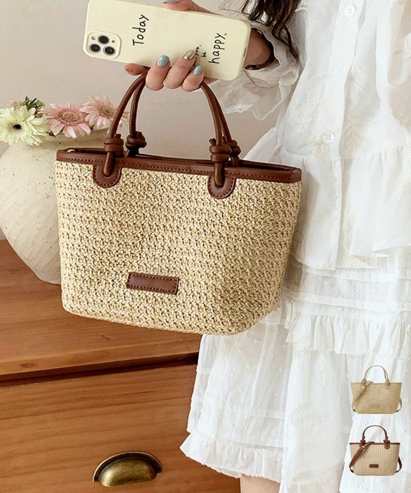ミニカゴバッグ ショルダーバッグ ミニ鞄 ストローバッグ レディース 可愛い 2WAY 編みバッグ 花火大会手提げバッグ 斜めがけ 麦わら鞄 夏祭り 肩掛けバッグ miniministore 89AI-019