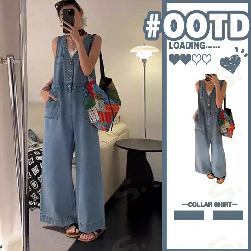 デニムサロペット サロペット パンツ オールインワン レディース 綿100％ 春 秋 デニム ワイドパンツ コットン ノースリーブ 重ね着 きれいめ 大きいサイズ カジュアル おしゃれ 体型カバー ゆったり 着痩せ オーバーオール ナチュラル 女性 お呼ばれ レイヤード風｜しぇあわーくす　店