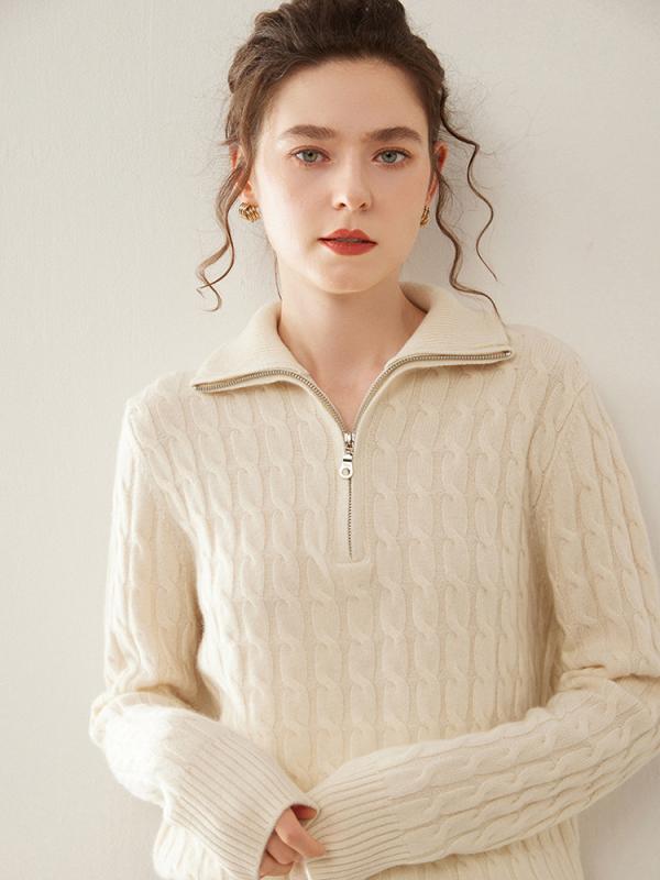 ニット レディース カシミヤ ケーブル編み ハーフジップ プルオーバー トップス 秋冬 厚手 ポロ襟 長袖 ゆったり 無地 シンプル カジュアル 通勤 上品 柔らかい 肌触り抜群 着回し