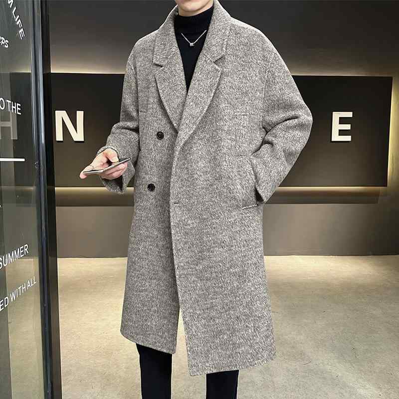 コート メンズ 男性用 秋冬 ワイドシルエット ゆったり ヘリンボーン柄 ミックスカラー ロング丈 毛足の長い ダブルフェイス リバーシブル テーラードカラー ウール 羊毛 メルトン 厚手 カジュアル 韓国風 アウター ダークグレー アプリコット