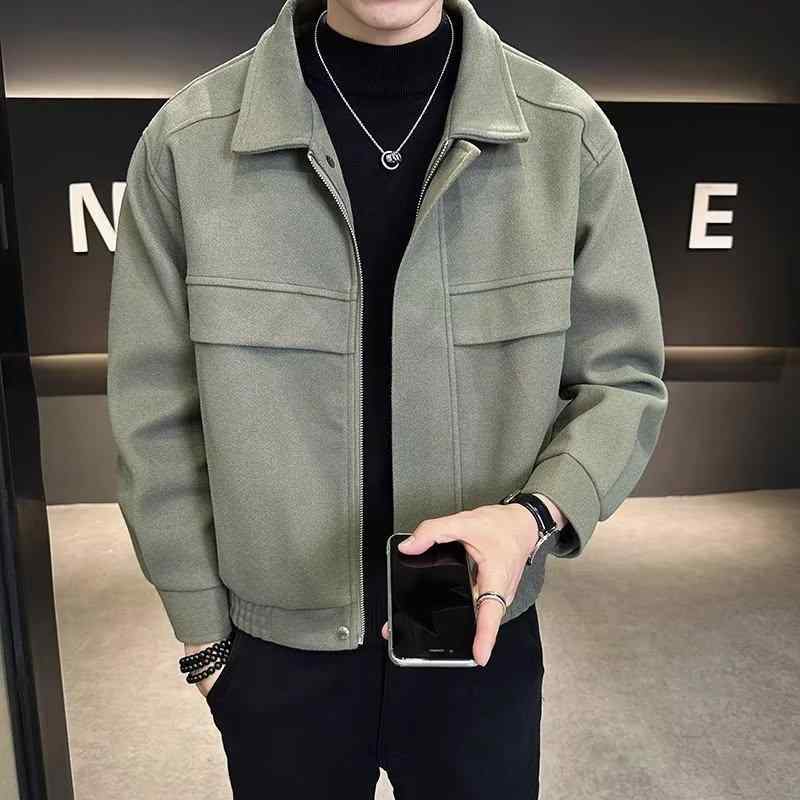 ジャケット 男性用 秋冬用 耐摩耗性 アウター 毛織物 スリムフィット 無地 長袖 ジップアップ ブラック カーキ