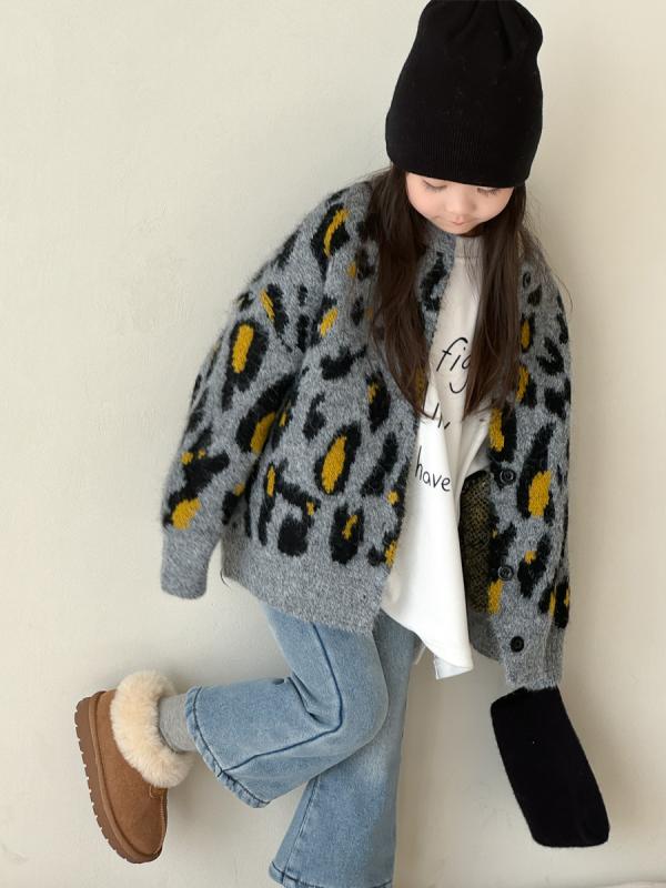 ニットカーディガン ガールズ ヒョウ柄 ベビー キッズ 子供服 厚手 防寒 暖か ニット アウター トップス 長袖 上着 羽織もの 秋冬 綿100