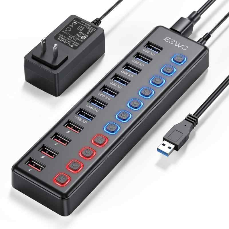 USBハブ 電源付き USB3.0ハブ 7ポートの 拡張+ 4充電ポート セルフパワー USB Hub 5Gbps高速データ伝送 USB3.0 拡張 独立スイッチ付き 12V3A ACアダプタ付き Android/Windows/MacBook/Mac