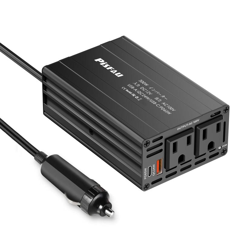 インバーター 300W シガーソケット コンセント,DC12VをAC100Vに変換 カーインバーター，[6 usb-c]付き/USB急速充電24W/ノートパソコン用車載充電器