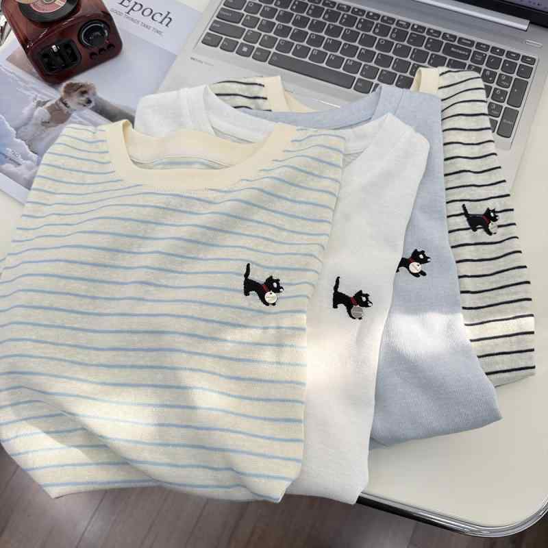 Tシャツ 女性用 短袖 白色 丸首 刺繍 竹節柄 ストライプ 軽量 通気性 綿素材 ゆったり シンプル 私服 春夏 普段使い 吸湿速乾 接触冷感 トップス ルームウェア