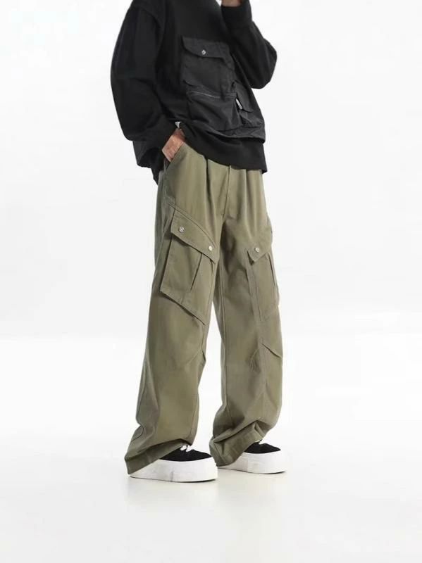 カジュアルパンツ メンズ ゆったり カーゴパンツ 韓国風 ドロップ感 ワイドレッグ ロングパンツ ミリタリーグリーン オフホワイト