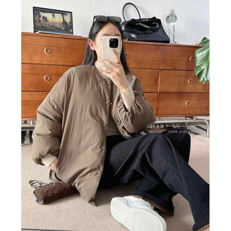 羽服 レディース ショート丈 90% ホワイトダックダウン ノーカラー サイドジップ デザイン 暖かい 軽量 防寒 秋冬 カジュアル ウェア 婦人服 紺色 カーキ｜シャッター小町 10,874円