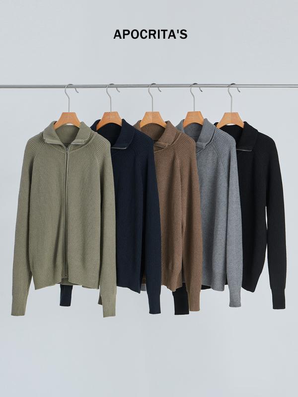 ニット カーディガン メンズ 紳士服 リラックスフィット 襟付き リブ編み ポリエステル混紡 普段使い 秋冬 ブラウン系 グリーン系 グレー ブラック ブルー｜シャッター小町