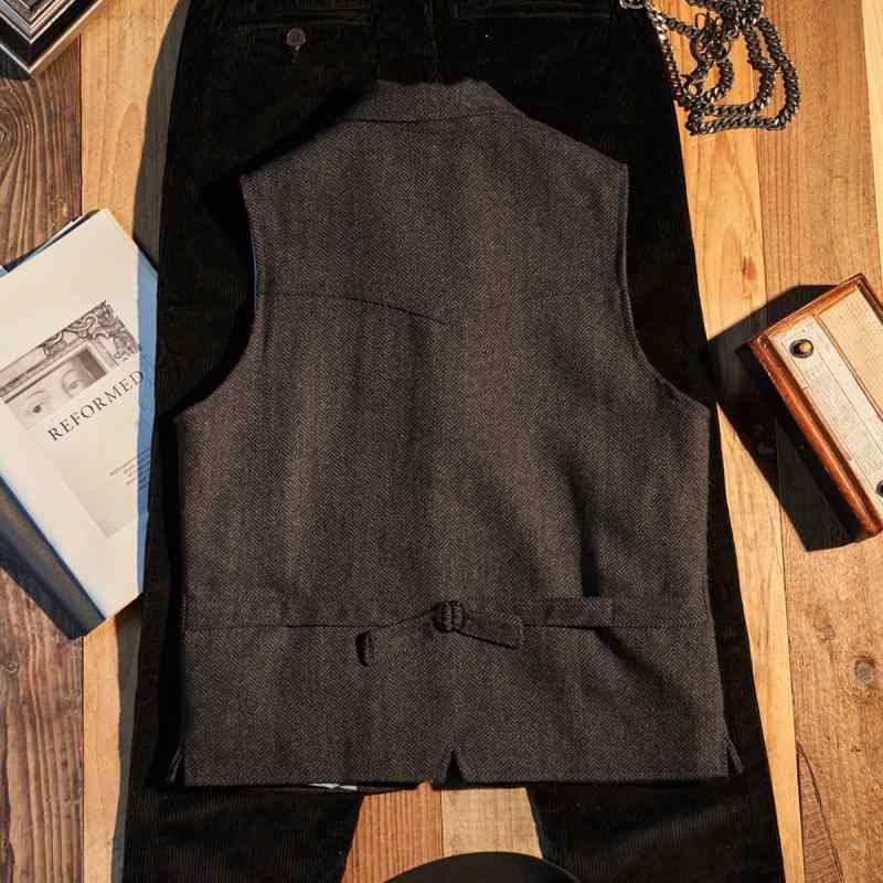 ベスト 男性用 レトロ 紳士風 ウール ヘリンボーン ツイード スリムフィット ダブルブレスト 黄色 コーヒー色 ダークグレー 春秋