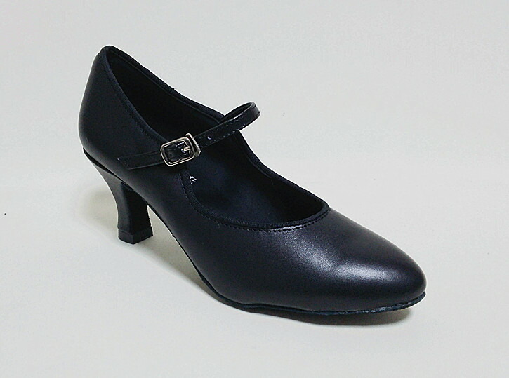 【即納品】【在庫商品】社交ダンスシューズ 社交ダンスシューズ　女性モダンシューズ ダンス用品　ワルツシューズ　スタンードシューズ 黒本革シューズ　ストラップ付で安定感あり ヒール高5.6ｃｍヒールキャンプＰ－１対応（別売り）