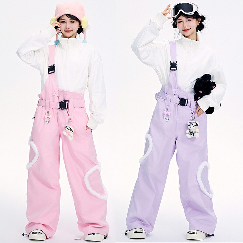 送料無料 ビブパンツ スノボパンツ レディース スキーパンツ 片肩オーバーオール サスペンダーパンツ サスペンダー付き ロングパンツ 長ズボン ボトムス スノーボードパンツ スノー 甘クール系 Y2K風 可愛い ハート形 腰ベルト パープル ピンク 海外通販 25,193円