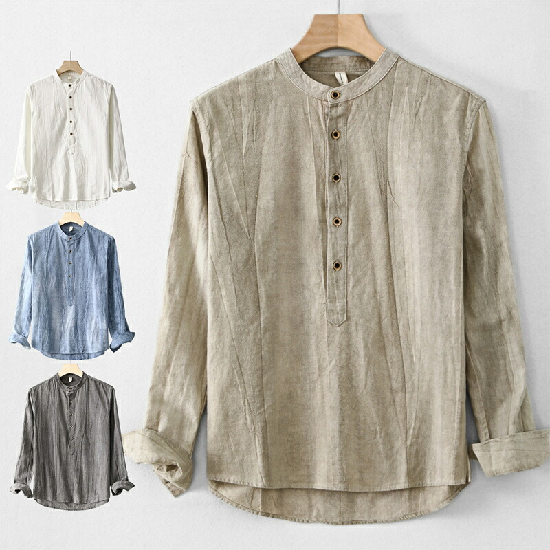 【楽天市場】送料無料 メンズ シャツ 長袖シャツ 麻シャツ カジュアルシャツ トップス 夏服 春秋服 無地 ヘンリーネック 杏色 グレー ...