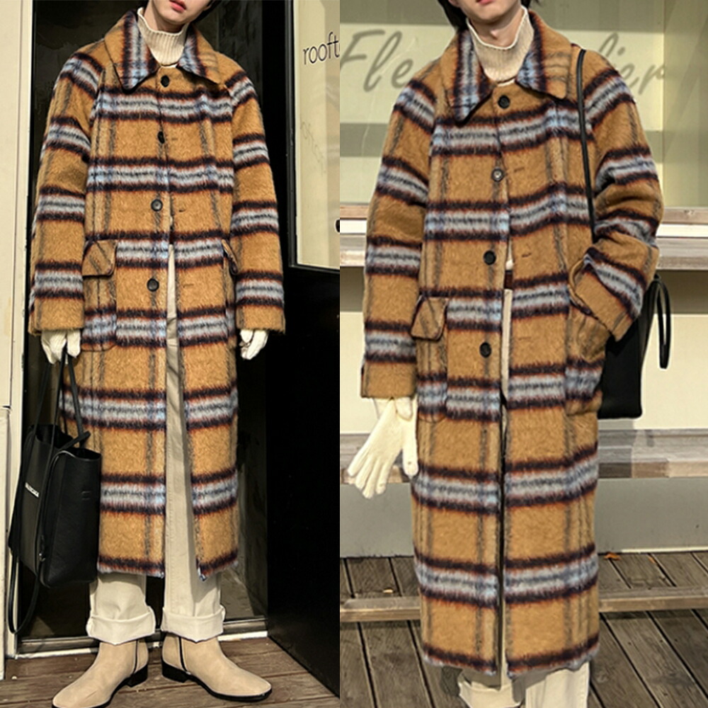 HE\u0026SHE Suitroom(背広御部屋)【貨物輸送無料】チェックコートロングマキシWOOLメンズ厚地の外套 MOHAIR チェックマキシコート