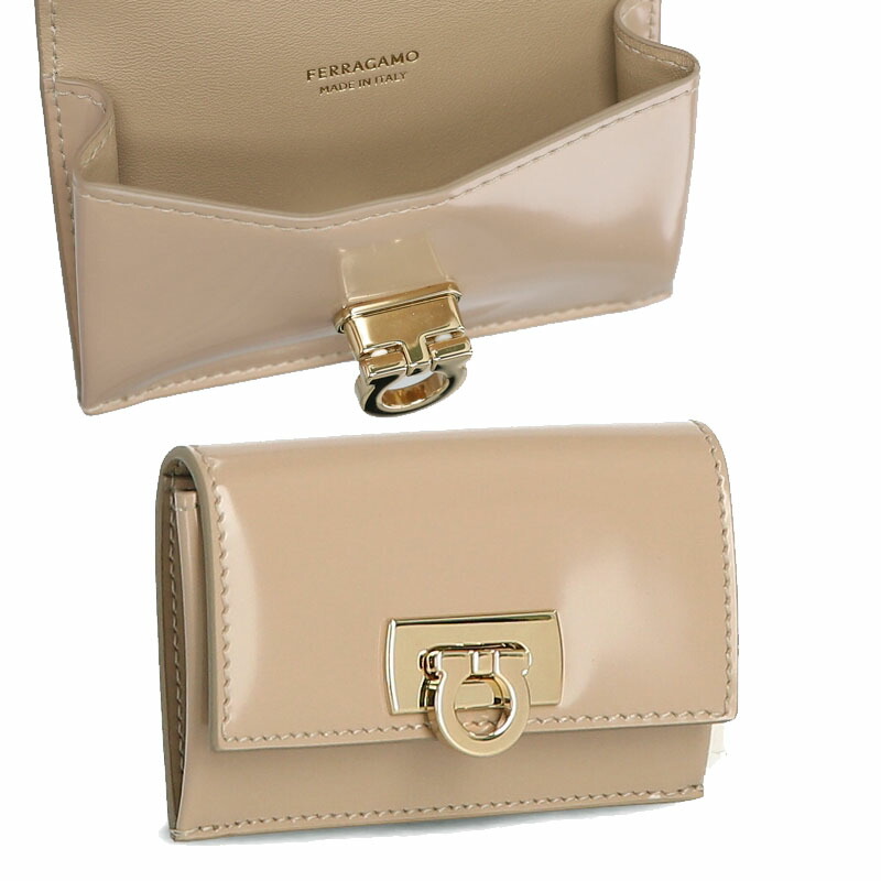 HE\u0026SHE [貨物輸送無料] FERRAGAMO★レディースガンチニカードケース 歌留多入れ 歌留多保持者 定期いれ・名刺入れ 2つ折り 折りたたみ レディース なめし革紙入れ スモール ミニ紙入れ 22 0435 763024