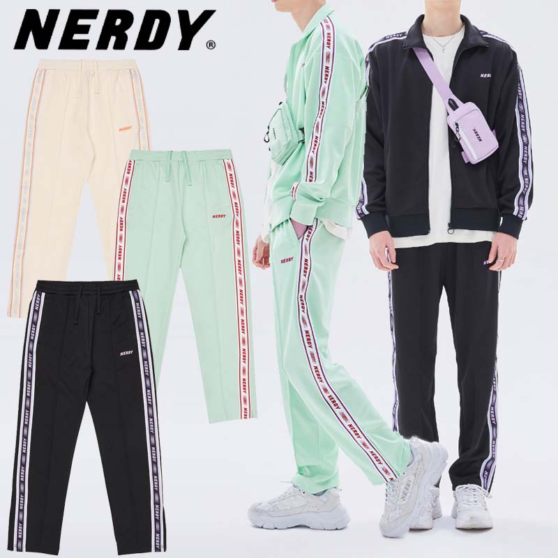 NERDY ノルディ HESHE [送料無料] 2022SS LOGO TAPE TRACK PANTS ロゴテープトラックパンツ  ユニセックス ストリート カジュアル トレーニング ジャージパンツ ペアルック 全3カラー HE＆SHE