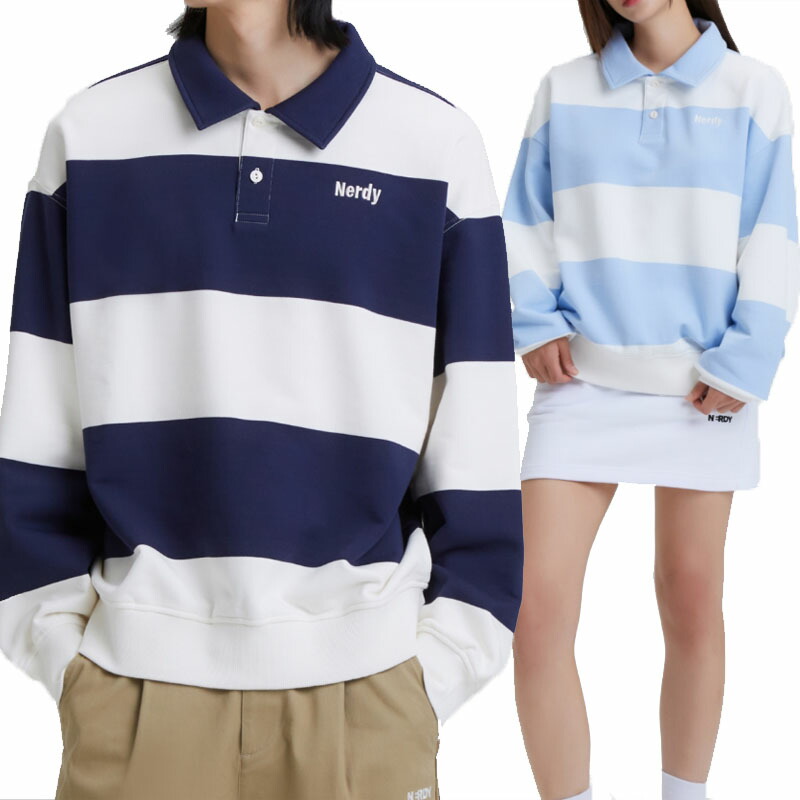 NERDY ノルディ 【置き目品】 HE\u0026SHE [貨物輸送無料] ストライプラグビースウェットシャツ STRIPE RUGBY SWETASHIRTS ユニ一発やる メンズ レディース 韓国ブランド名 韓国流行り物 新品 スポーティ 心地好い 表どおり ありの実ルック 好一対ルック 調教師 スポーツシャツ SKY BLUE-NAVY