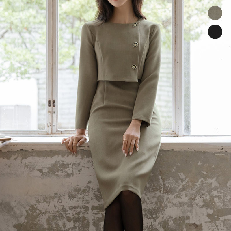 SUITROOM スーツルーム THREE BUTTON TWO-PIECE STYLE SPAN ONE-PIECE 2色 スリーボタンツーピーススタイルスパンワンピース レディース 女性 女子 女らしさアップ 長袖 フェミニン ラブリー デイリー ワンピース パーティードレス 韓国ファッション かわいい オシャレ