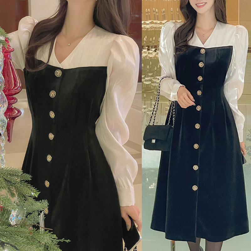 SUITROOM スーツルーム  PILIA BELBET BI-COLOR A-LINE ONEPIECE ピリアベルベット配色Aラインワンピース レディース 女性 女子 女らしさアップ 長袖 フェミニン ラブリー デイリー ワンピース パーティードレス 韓国ファッション かわいい オシャレ