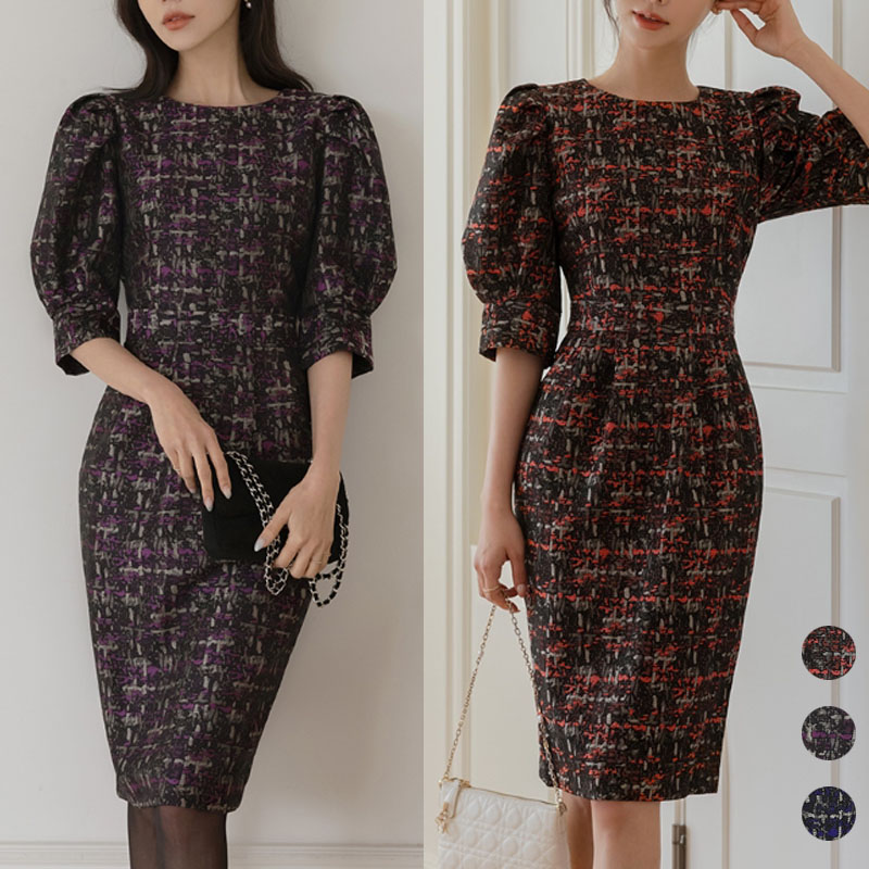 SUITROOM スーツルーム HIGH PUFF JACQUARD ONE-PIECE ハイパフジャガードワンピース レディース 女性 女子 女らしさアップ 長袖 フェミニン ラブリー デイリー ワンピース パーティードレス 韓国ファッション かわいい オシャレ
