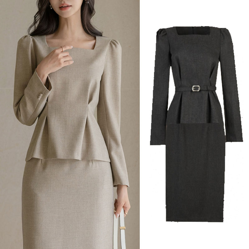 SUITROOM スーツルーム MAG INVERTED PLEAT BELT SET-UP マグウエストタックベルトセットアップ レディース 女性 女子 女らしさアップ 長袖 フェミニン ラブリー デイリー ツーピース Hライン 韓国ファッション かわいい オシャレ