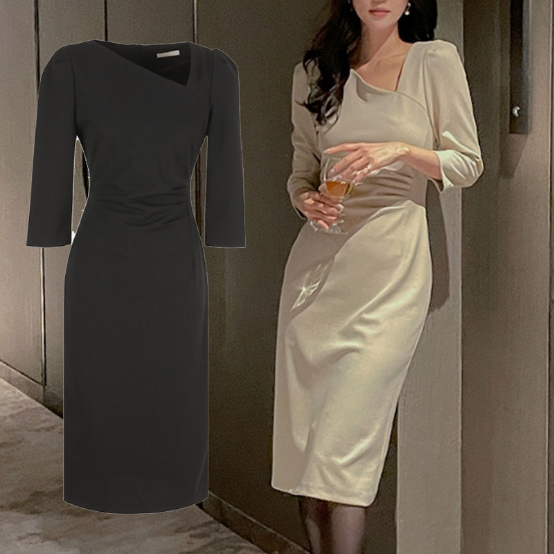 SUITROOM スーツルーム OBLIQUE-NECK SHIRRING H-LINE ONE-PIECE 斜線ネックシャーリングHラインワンピース レディース 女性 女子 女らしさアップ 長袖 フェミニン ラブリー デイリー ワンピース パーティードレス 韓国ファッション