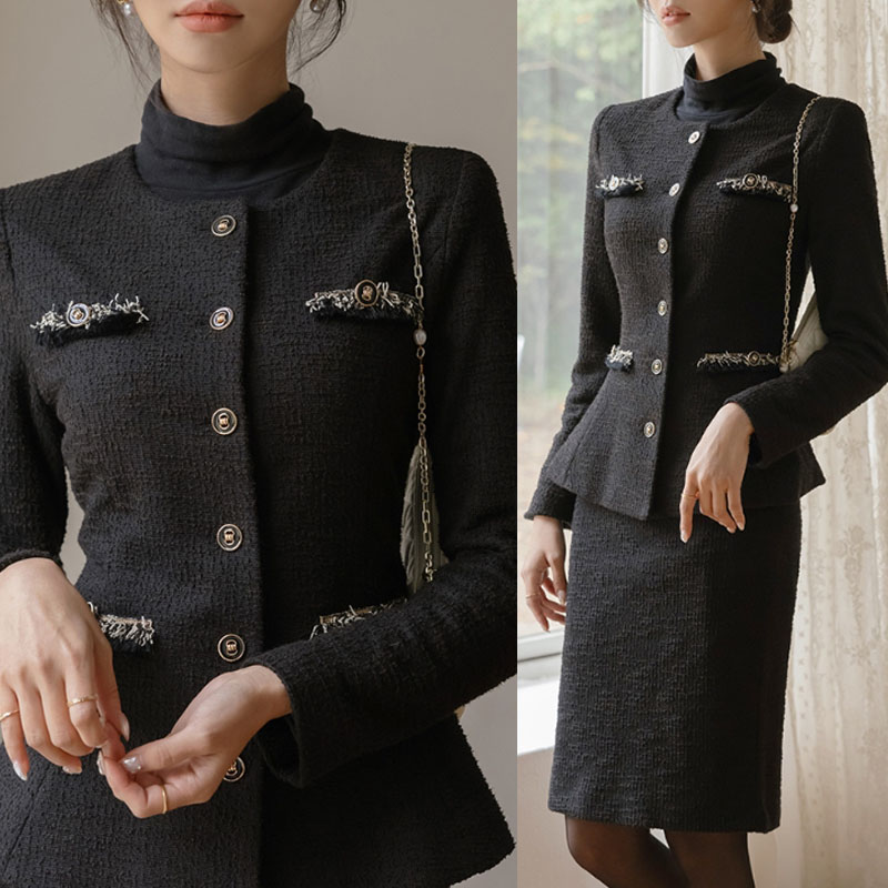 SUITROOM 背広御部屋 ROYAL ANTIQUE BUTTON BI-COLOR ROUND PEPLUM H-LINE SET-UP ロイヤルアンティークボタン色彩設計ラウンドペプラムH伝達ルートセットアップ レディース 女らしさ引き上げる 長袖 女子らしい ラブリー デイリー 背広 寄りあい服 韓国流行り物 オシャレ