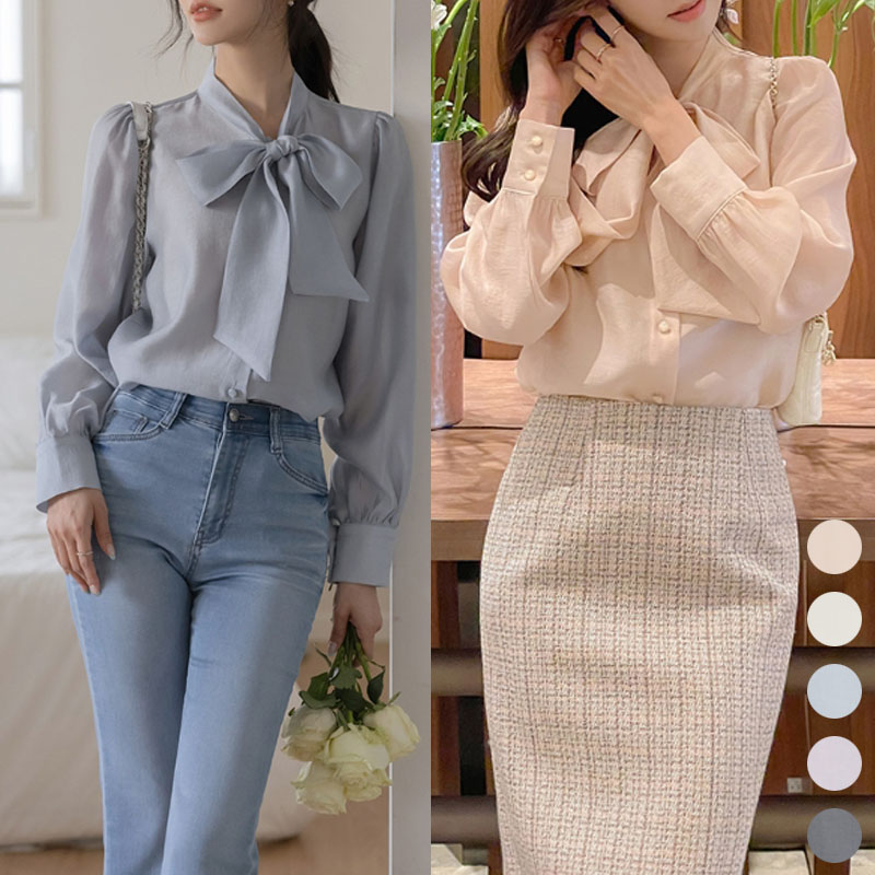 SUITROOM スーツルーム SILKY DRESSY TIE-NECK BLOUSE 5色 シルキードレッシーボウタイネックブラウス レディース 女性 女子 女らしさアップ 長袖 フェミニン ラブリー デイリー シャツ パーティー服 韓国ファッション かわいい オシャレ リボン