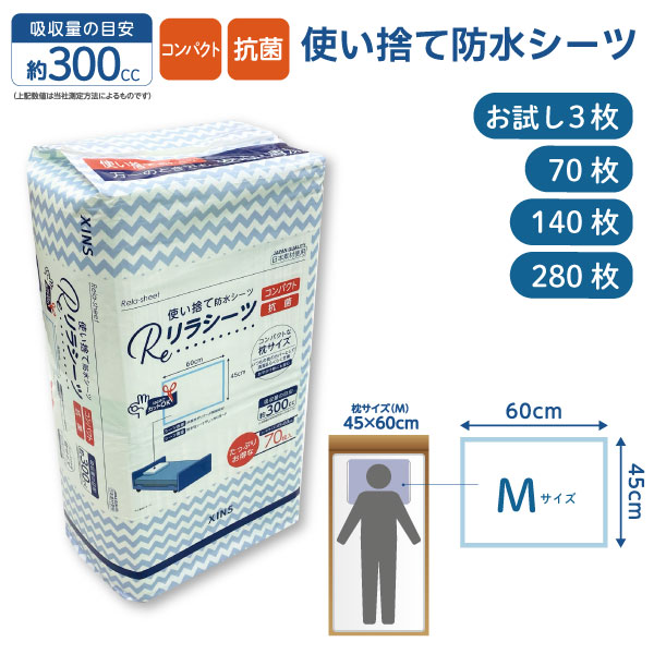 リラシーツ 使い捨て 防水 シーツ コンパクト 抗菌 Mサイズ お試し3枚～280枚入まで選択可 尿失禁 尿漏れ 介護 赤ちゃん ペット おねしょ 汚れ防止 お漏らし 災害 緊急 シート フリーカット