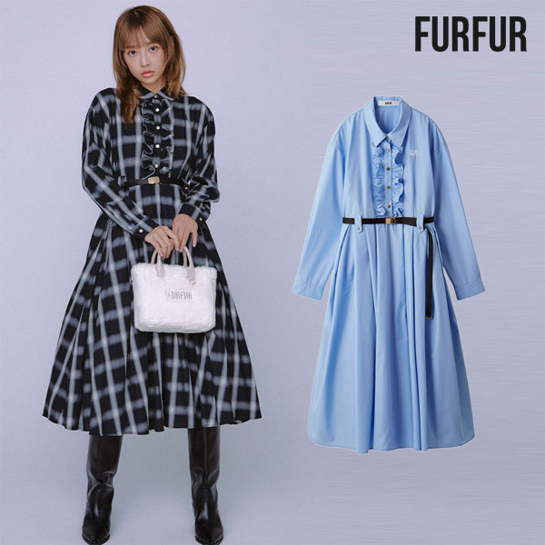 【SALE20%OFF】【即納】 ファーファー FURFUR ワンピース ベルト付きフリルシャツワンピース 長袖 ロング丈 チェック ベルト付き rwfo254092|SHE/HER(シーハー)