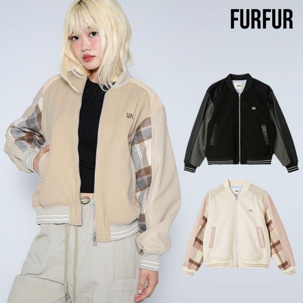 店内全品ポイント10倍 【新生活応援セール30%OFF】【即納】 ファーファー FURFUR アウター パッチワークスタジャン 長袖 ミドル丈 スタジャン チェック rwfj254033