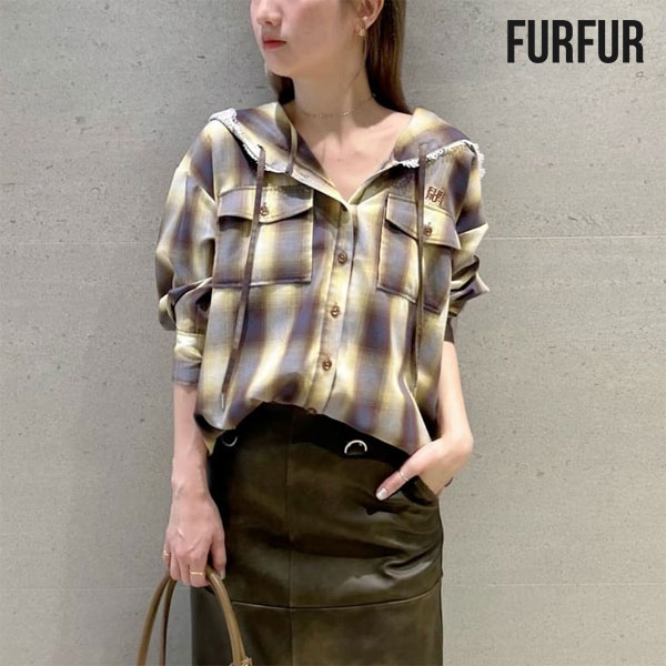 店内全品ﾎﾟｲﾝﾄ10倍 【新生活応援ｾｰﾙ20%OFF】【即納】 ファーファー FURFUR トップス フーディーオンブレーチェックシャツ 長袖 ミドル丈 rwft254070