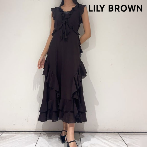 店内全品ﾎﾟｲﾝﾄ10倍 【即納】 リリー ブラウン LILY BROWN ワンピース 26春夏 ラッフルフリルフレアワンピース ノースリーブ マキシ丈 ドット無地 lwfo261173
