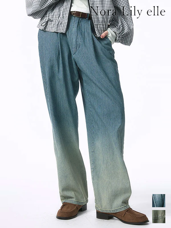 【SALE10%OFF】【即納】Nora Lily ノラリリー ボトムス 「elle」Bleached Hickory Gradation Pants-Blue Hickory ブリーチドヒッコリーグラデーションパンツブルーヒッコリー フルレングス 226260002 26春夏