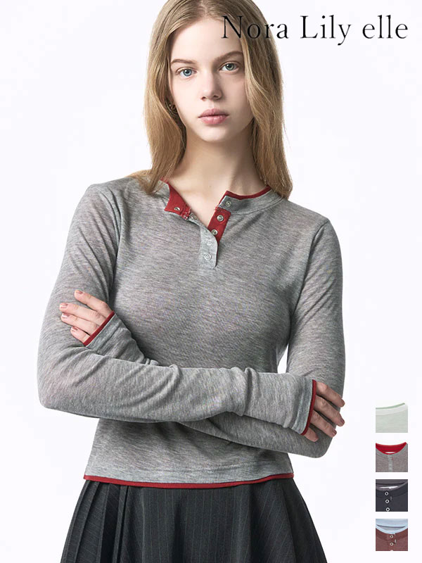 【SALE10%OFF】【即納】Nora Lily ノラリリー トップス 「elle」Double-Layer Bicolor Henley Top ダブルレイヤーバイカラーヘンリートップス 長袖 ミドル丈 226280003 26春夏
