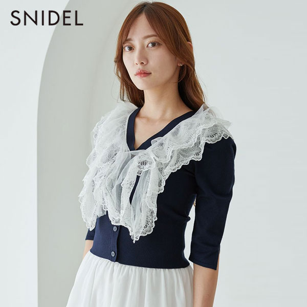 店内全品ﾎﾟｲﾝﾄ10倍 【新生活応援ｾｰﾙ10%OFF】【即納】 スナイデル SNIDEL トップス チュールフリルニットプルオーバー 半袖 五分丈 ミドル丈 swnt261019