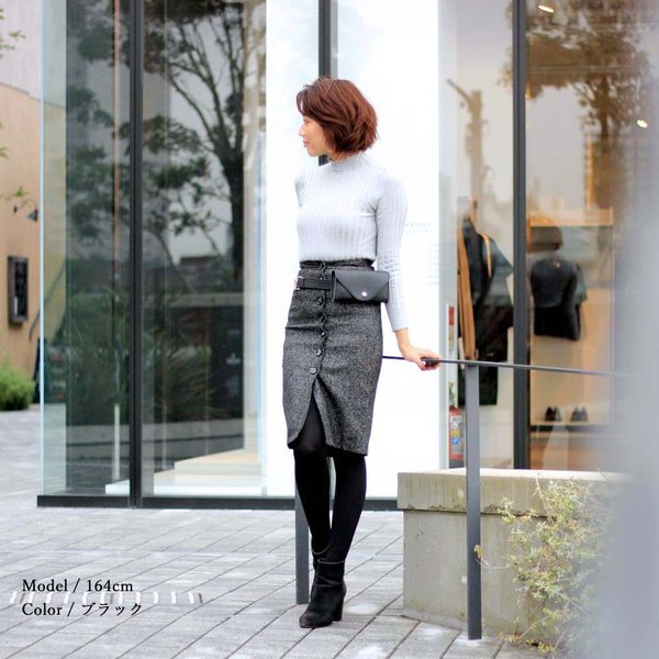 最大15 クーポン タイトスカート ひざ丈 ツイード レディース フロントボタン ロングスカート 膝下丈