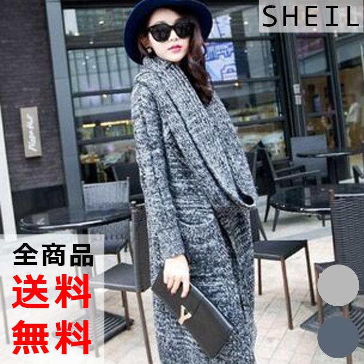 最大15 クーポン 長袖 ニット ロング 厚手 シンプル スヌード付き 無地 カーディガン