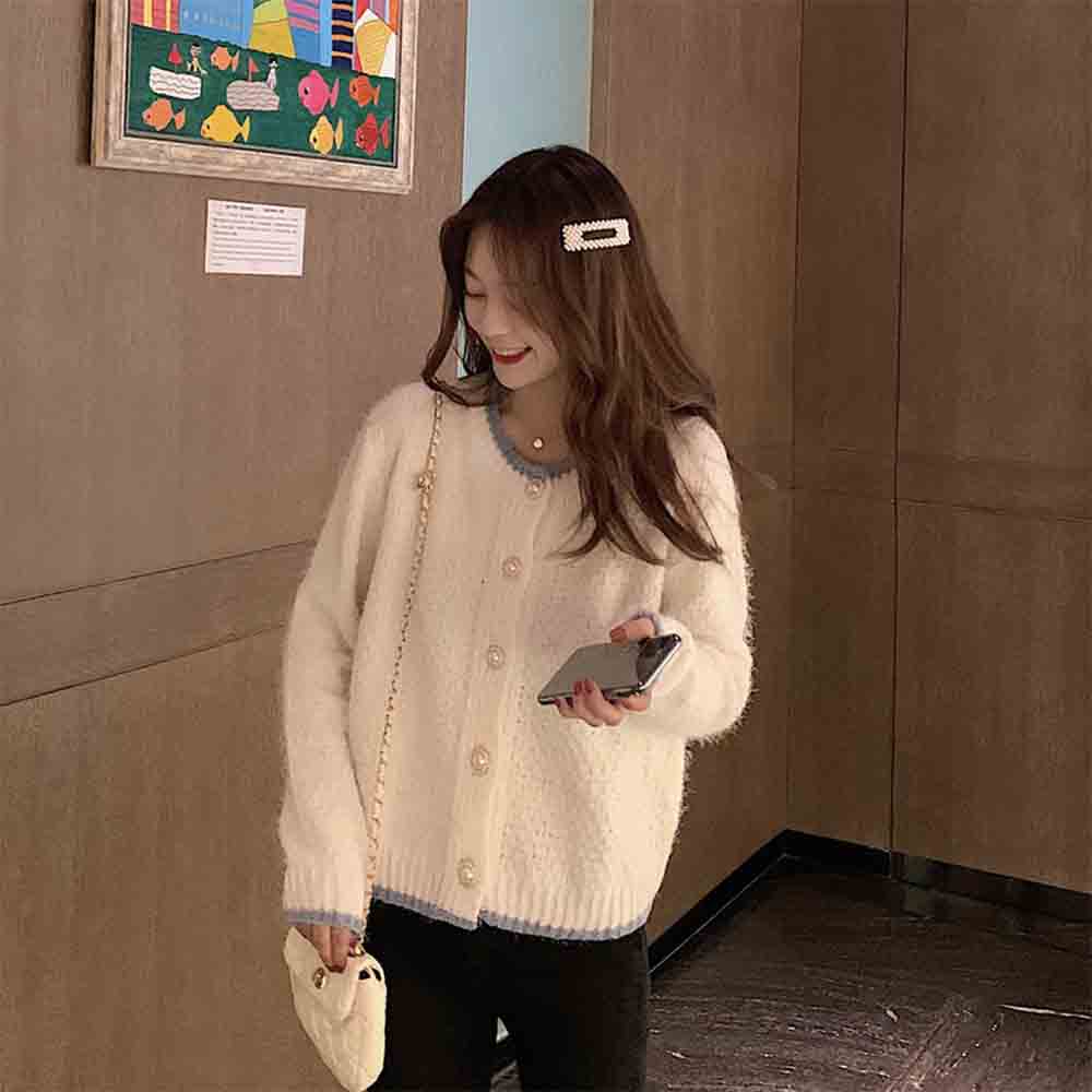 最大15 クーポン パールボタン パールボタン付き ニット レディース カーディガン シンプル ニットカーディガン 無地