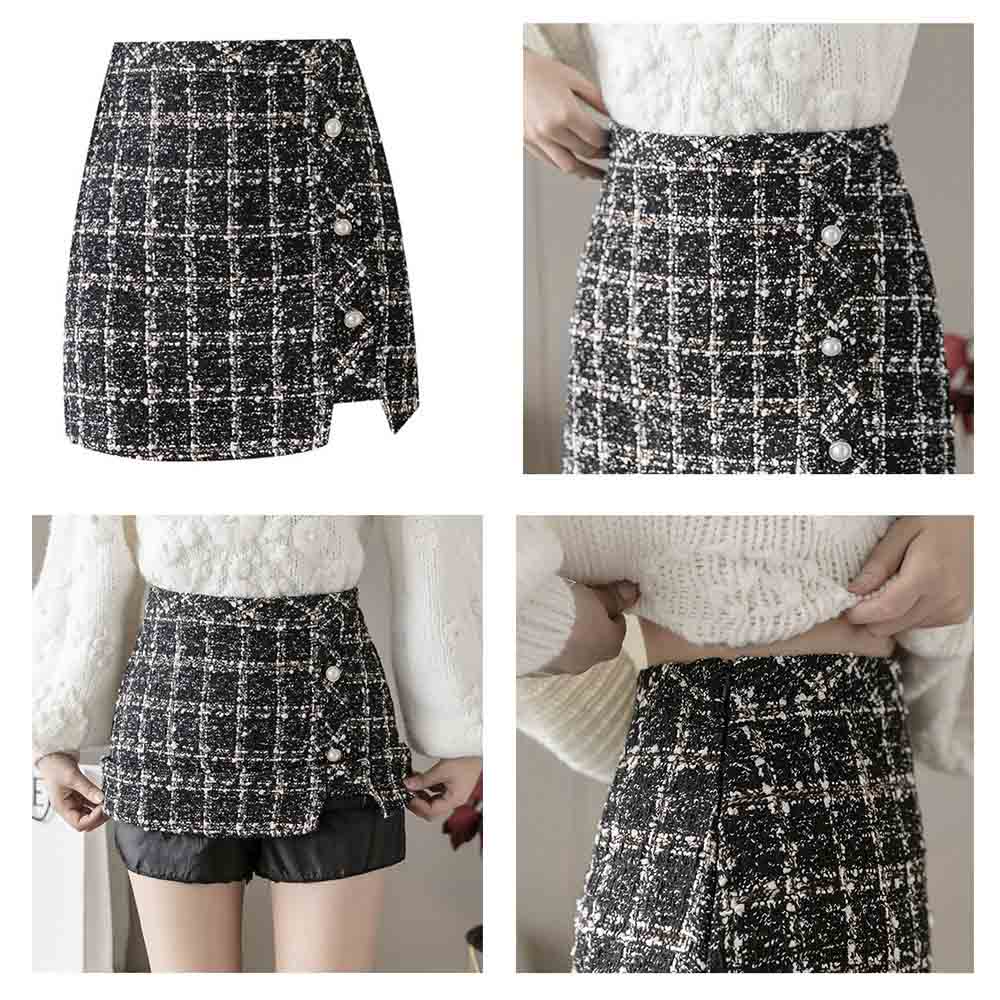 最大15 クーポン ツイード ショート丈 台形スカート れで Aラインスカート チェック柄 ハイウエスト ミニスカート